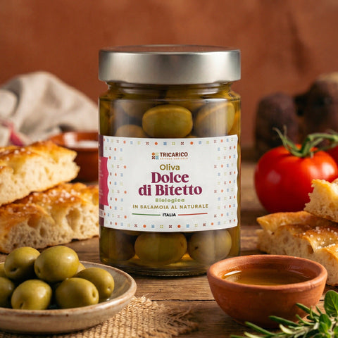 Olive dolci di Bitetto nel vasetto con etichetta attuale Tricarico